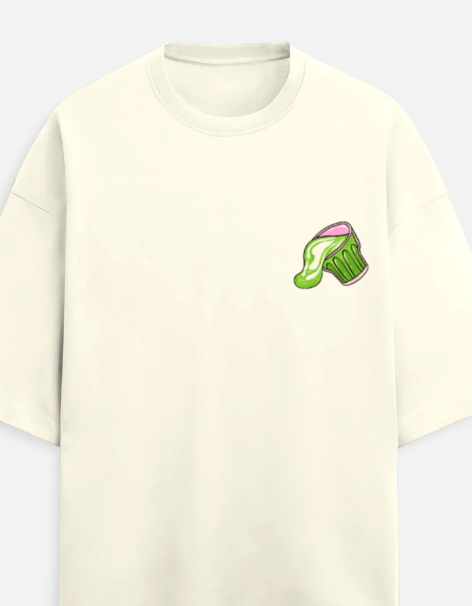 Knytra Matcha Lovers oversized off-white t-shirt with small matcha cup chest graphic